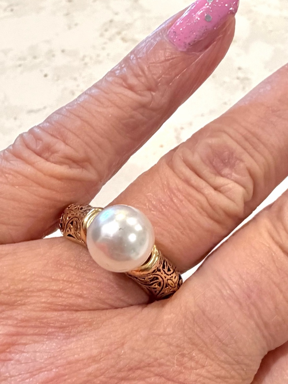 Vintage Filigree Pearl Statement Ring - Gold Vermeil 925 Sterling Silver 7.25